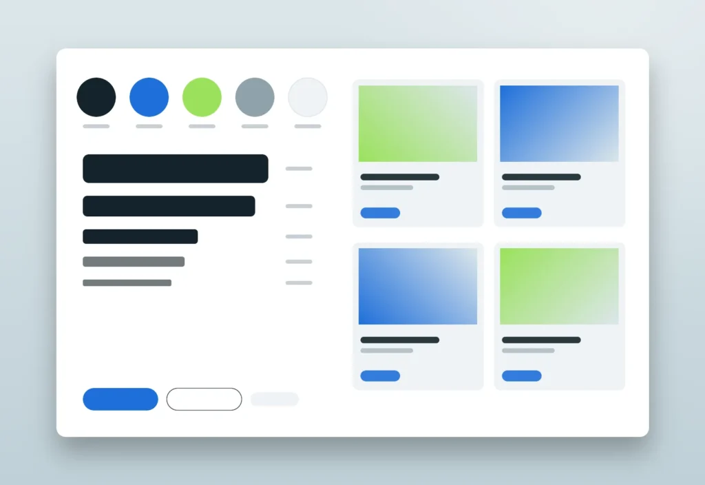 Design system sheet for the mobile product interface project showing colors, type scale, buttons and cards