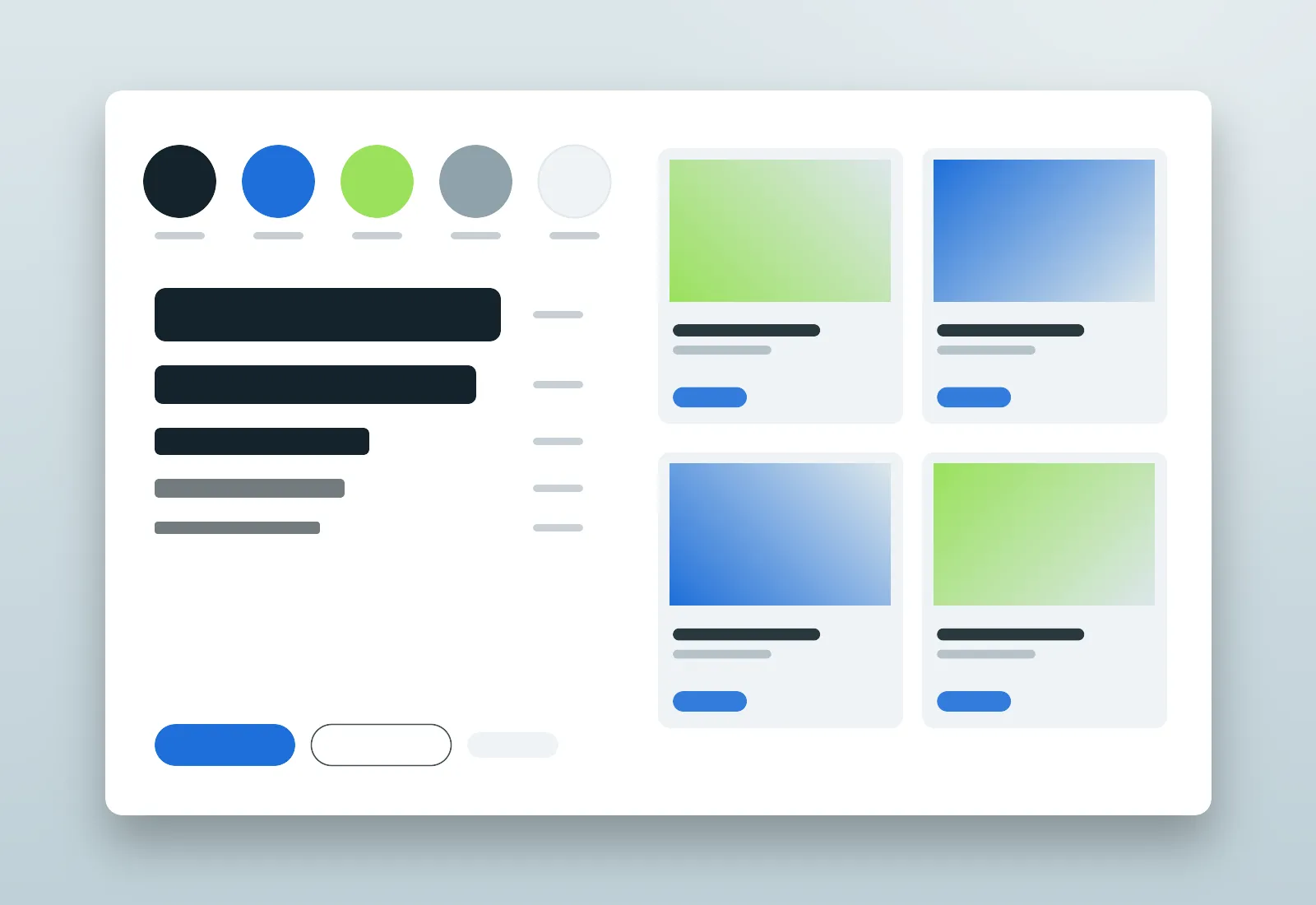 Design system sheet for the mobile product interface project showing colors, type scale, buttons and cards