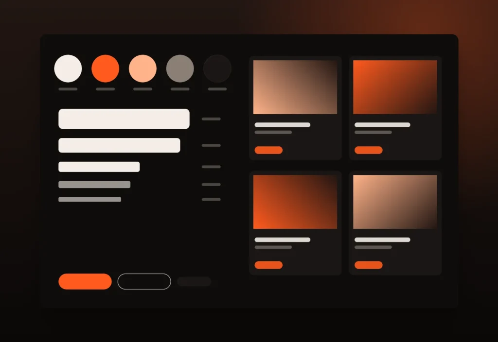 Design system sheet for the creative technology brand project showing colors, type scale, buttons and cards