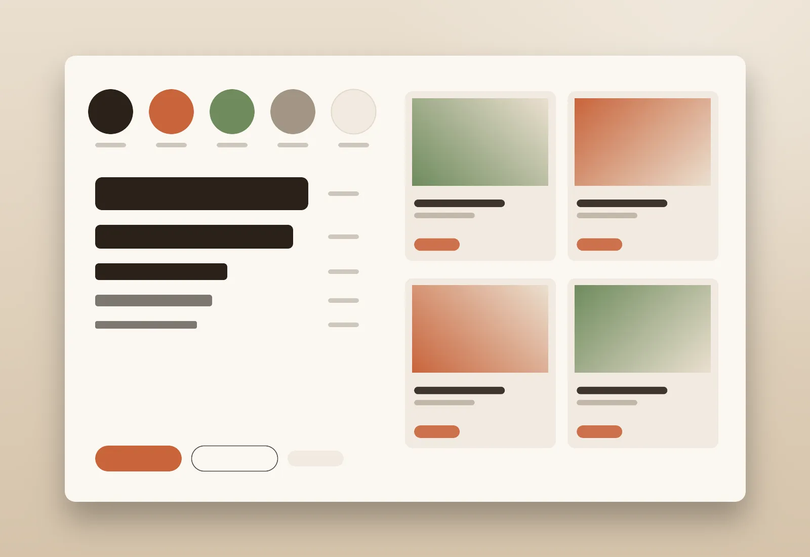 Design system sheet for the e-commerce experience project showing colors, type scale, buttons and cards