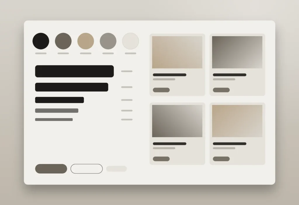 Design system sheet for the studio portfolio website project showing colors, type scale, buttons and cards