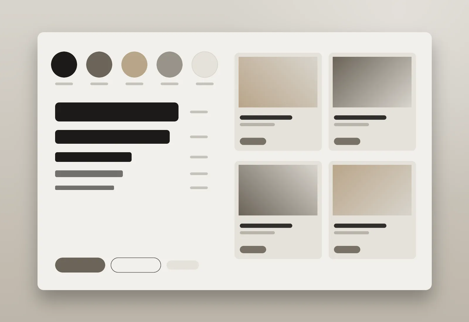 Design system sheet for the studio portfolio website project showing colors, type scale, buttons and cards