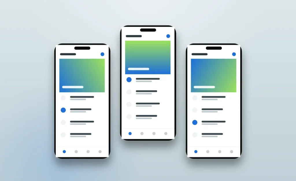 Three mobile app screens with blue cards and list layouts on a pale blue background