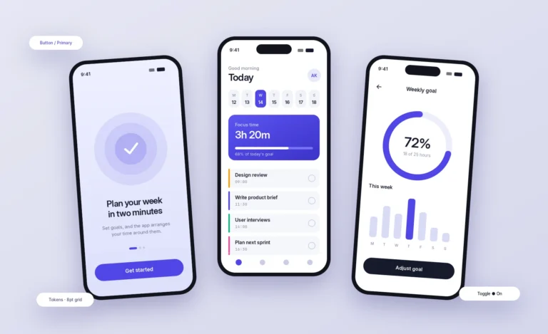 Mobile product interface: three app screens showing onboarding, a daily plan and a weekly goal tracker