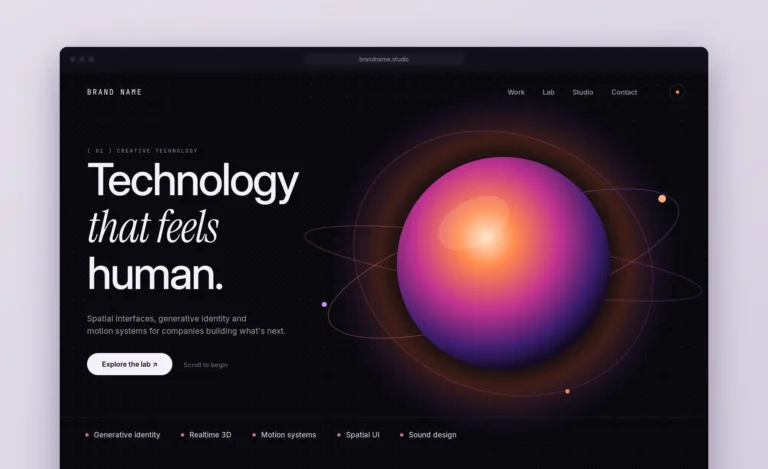 Creative technology brand website: dark hero with a glowing gradient orb, orbit lines and large editorial type