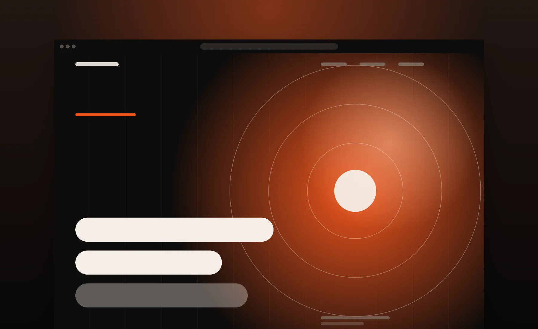 Black website design with glowing orange orb, concentric rings and bold editorial headline