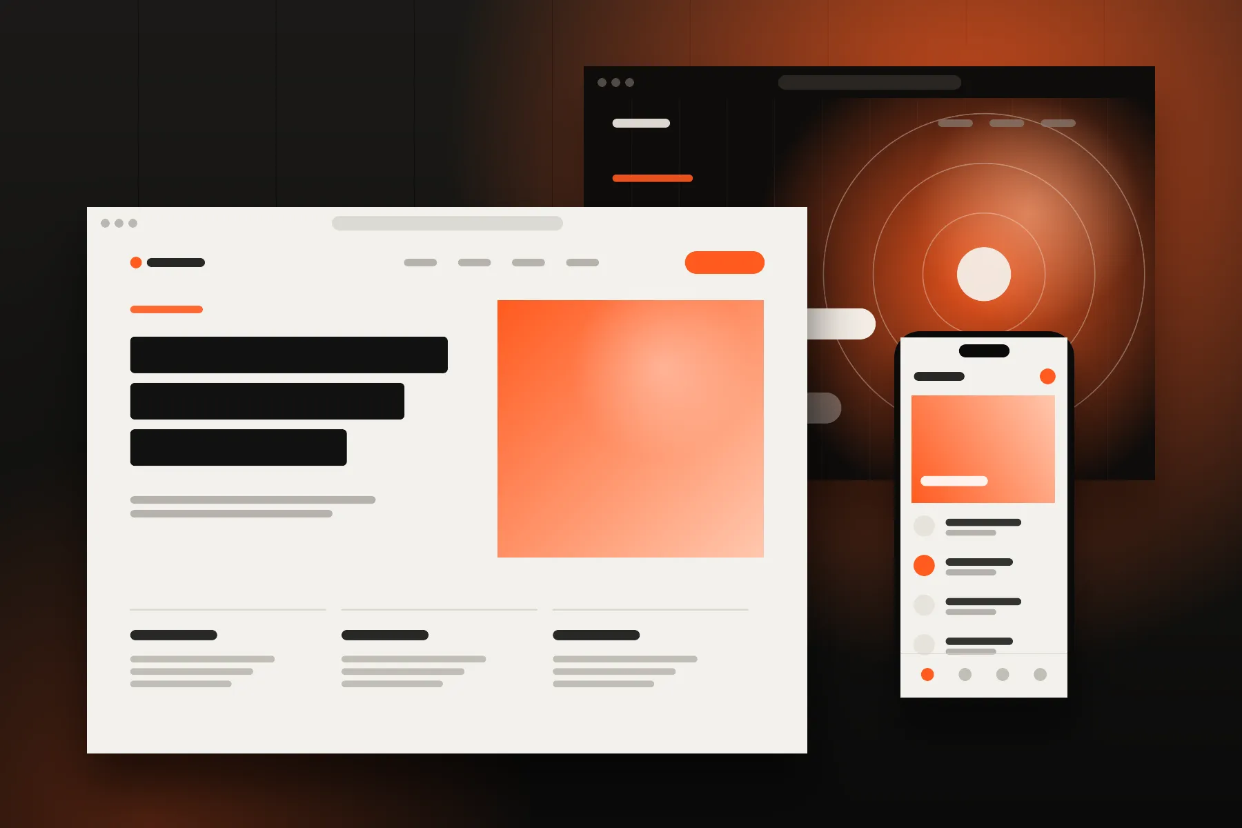 Layered website and mobile interface mockups on a dark background with a warm orange glow