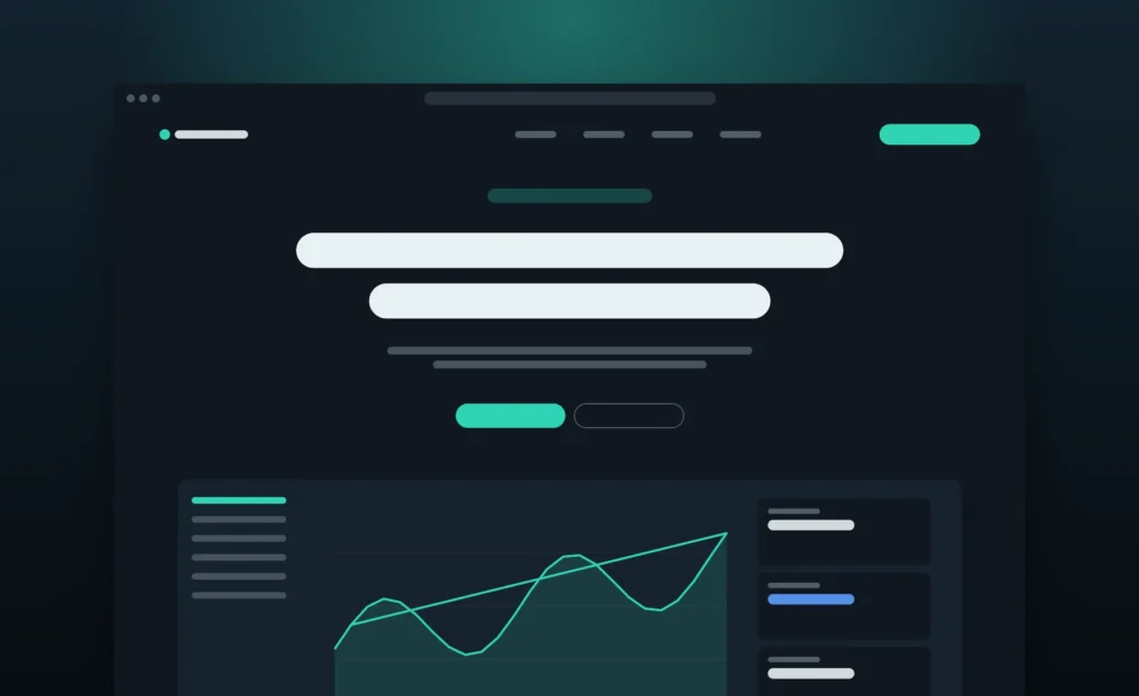 Dark AI software website design with a teal analytics dashboard and product headline