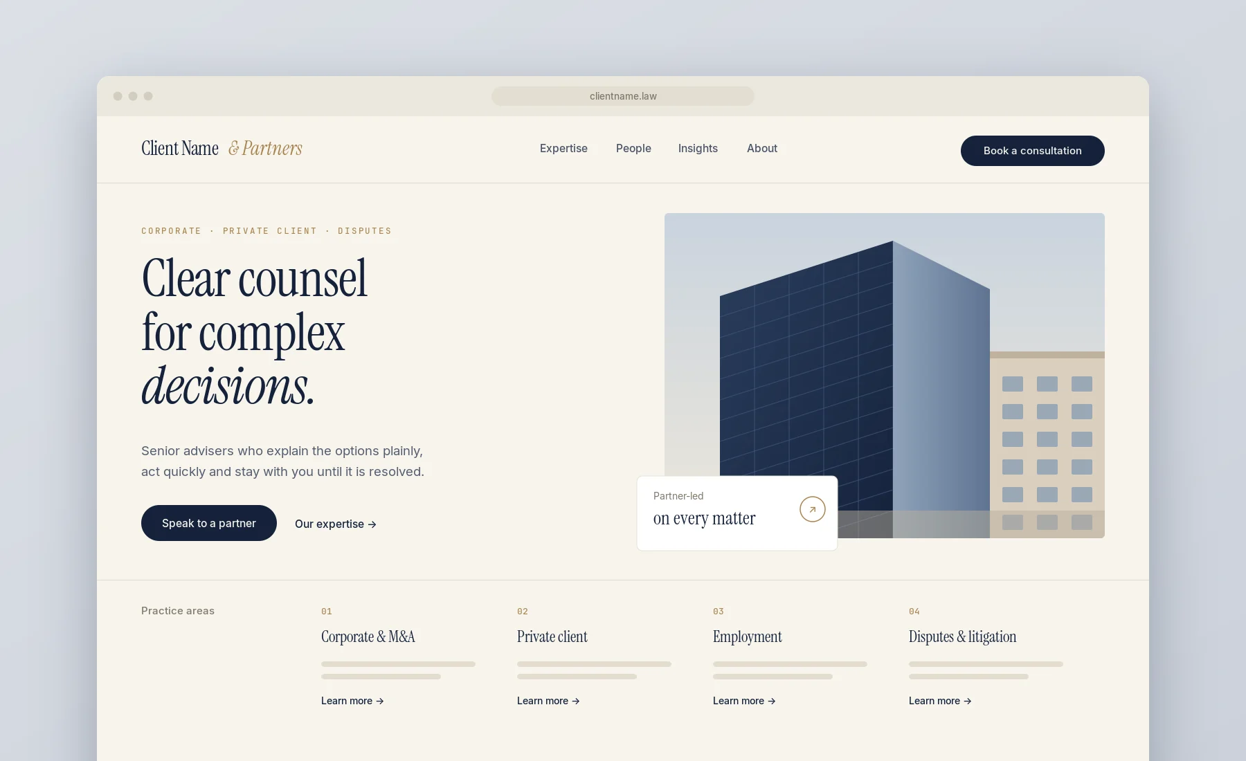 Professional services website: editorial serif hero, architectural image and practice areas for an advisory firm