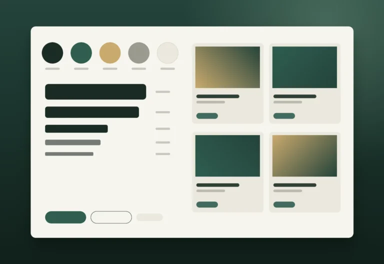 Design system sheet for the professional services website project showing colors, type scale, buttons and cards