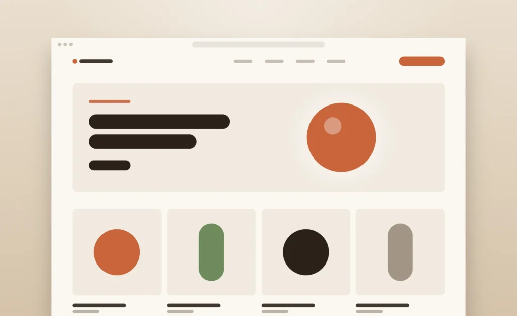 Warm-toned online store design with hero product banner and four-column product grid