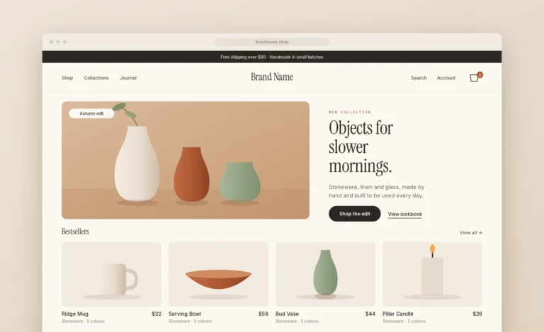 E-commerce website design: warm storefront with a handmade ceramics hero and a bestsellers product grid