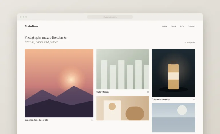 Studio portfolio website: image-first gallery grid with captions for photography and art direction projects